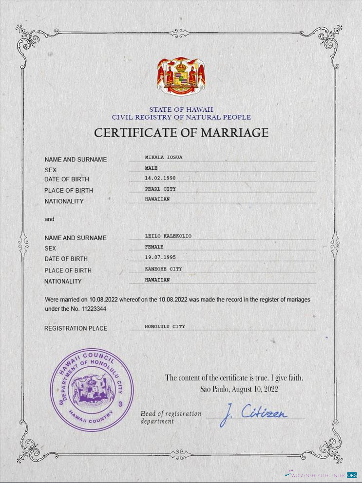 Download Hawaii marriage certificate PSD template Photoshop template